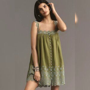 Anthropologie Sleeveless Embroidered Swing Mini Dress S 6 Green Cotton NEW 42338